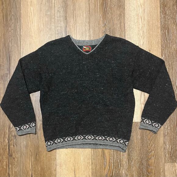 Vtg Alps 100% Wool Womens V-Neck Geometric Trimmed Sweater Size M Ski Northwoods - Picture 1 of 7